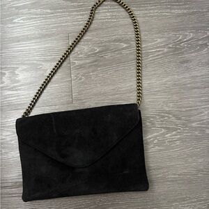 J. Crew Chic Black Suede Clutch with Gold Chain